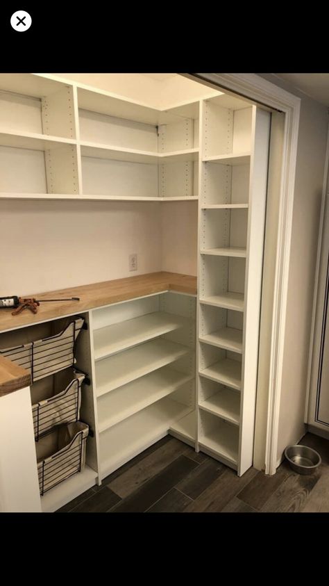 Double Closet Pantry, Small U Shaped Pantry, Pantry Location In Kitchen, Step In Pantry Design, Small Custom Pantry, Pantry Expansion Ideas, This Bookshelf, Small Pantry Renovation, Garde Manger Walk In