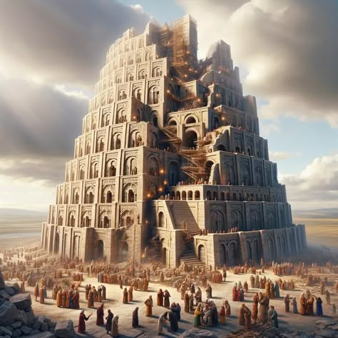 A highly detailed, realistic scene depicting the Tower of Babel from the Bible. The tower, immense and architecturally complex, rises towards a cloudy sky. The construction is a blend of ancient Middle Eastern styles, with intricate stone work and busy workers climbing and building. The atmosphere is chaotic, with groups of people arguing, gesturing, and looking confused, symbolizing the... Bible Calendar, People Arguing, Love In Bible, Babel Tower, The Tower Of Babel, Tower Of Babel, Groups Of People, Bible Characters, Bible Notes