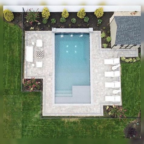 18x36 Inground Pool Rectangle, Rectangular Pool With Slide, Modern Inground Pool, Coastal Pool Design, Outdoor Inground Pool Area Ideas, Raised Pool Deck, Minimalist Pool Designs, Pools With Sun Shelf, Rectangle Pool With Sun Shelf