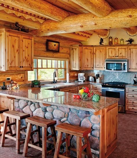 Log Cabin Kitchens, Cabin Kitchen Decor, Dapur Rustic, Log Home Kitchen, Log Home Kitchens, Log Home Ideas, Log Cabin Living, Cabin Interior Design, Log Cabin Interior