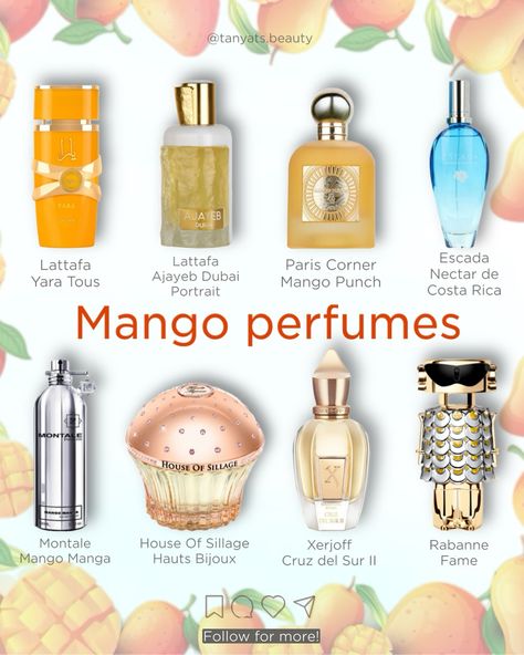 🥭 Mango notes have become increasingly popular in perfumes. Interestingly, most fragrances featuring this note are not simple fruity scents but complex, expensive-smelling compositions. Here are some affordable and niche perfumes that you can find relatively easily: ▫️ Lattafa Yara Tous — Probably the most popular affordable mango scent. It’s tropical, with the addition of coconut and vanilla, giving it a creamy and sweet character. ▫️ Lattafa Ajayeb Dubai — This mango scent is more sophis... Mango Scented Perfume, Mango Scent Combo, Fruity Scented Perfume, Mango Perfume, Tropical Perfume, Lattafa Yara, Fruity Perfume, Mango Scent, Coconut And Vanilla