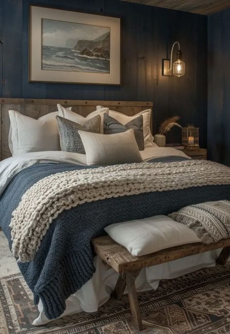 Dark Blue Master Bed, Bright Guest Bedroom, Dark Coastal Bedroom, Dark Blue And White Bedroom, Woodsy Room, Dark Blue Bedroom Ideas, Coloured Bedroom, Dark Blue Walls, Boho Bedroom Ideas