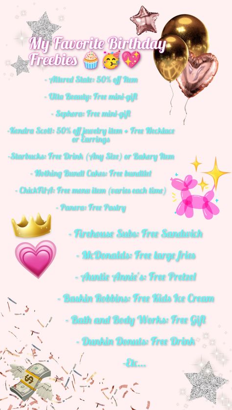 This is my opinion, but here are some of the best things you can get for free on your birthday or during your birthday month! Enjoy! 🧁🥳💖 Places To Go For Free Things On Your Birthday, Places To Eat On Your Birthday, Free Things You Can Get On Your Birthday Stores, Places You Get Free Things On Your Birthday, What Can I Get For Free On My Birthday, Where Can I Get Free Stuff On My Birthday, Aesthetic Things To Do On Your Birthday, Birthday Month Freebies, Free Things You Can Get On Your Birthday List