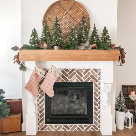 Simple Christmas Mantel, Christmas Mantel Ideas, Farmhouse Fireplace Mantel, Magnolia Leaf Garland, Small Pine Trees, Christmas Mantel Decor, Mantel Decor Ideas, Mantel Ideas, Mantel Design