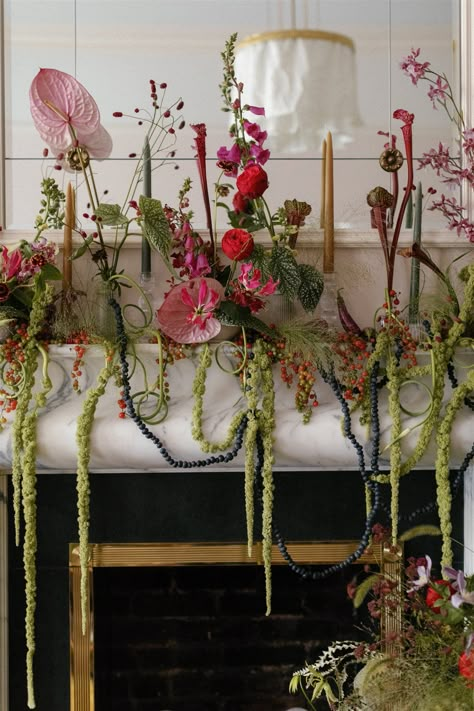 Surrealist Summer at the Chelsea Hotel — BLOOM BLOOM Elopement Wedding Decor, Fireplace Flower Arrangements, Strange Wedding, Florist Aesthetic, Botanical Party, Hanging Floral Installation, Nyc City Hall Wedding, Hanging Flower Arrangements, Hotel Chelsea