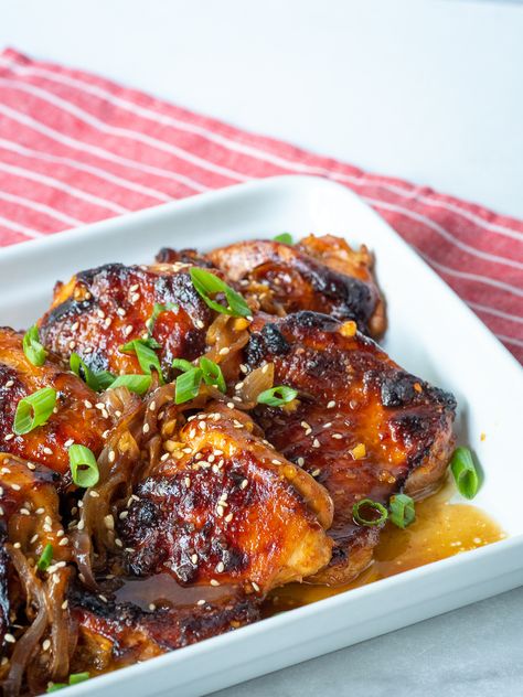 Easy Sticky Chicken Thighs?utm_source=12tomatoes Easy Chicken Thighs, Sticky Chicken Thighs, Chicken Thigh Recipe, Crispy Chicken Thighs, Island Recipes, Small Batch Baking, Leftover Chicken Recipes, Sticky Chicken, Roasted Onions