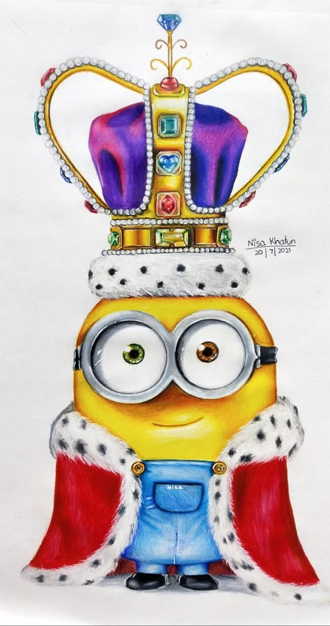 Disney Colour Pencil Drawing, King Bob Drawing, Bob Minion Drawing, Minion Drawing Cute, Realistic Cartoon Drawings, King Bob Minion, Realistic Colour Pencil Drawings, Minions Drawing, Beginner Drawing Ideas