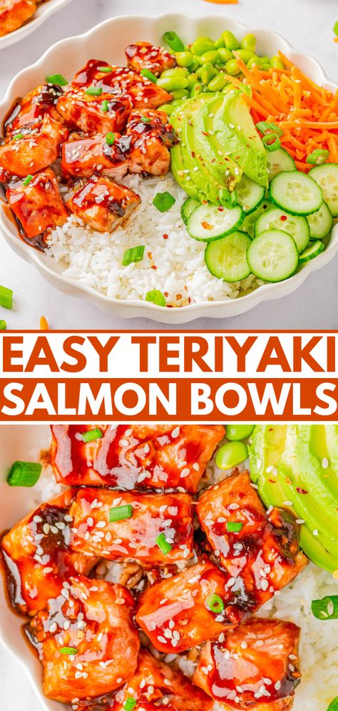 Easy Teriyaki Salmon Bowls — 🍣🍚🥑🥕Flaky pieces of salmon are coated in a SIMPLE yet FLAVORFUL homemade teriyaki sauce and served over a bed of rice! The bowls are loaded with carrots, cucumber, avocado, and edamame and then drizzled with EVEN MORE teriyaki sauce! Salmon bowls are the perfect meal-in-one with protein, carbs, and vegetables served altogether! Spicy Salmon Teriyaki Bowl, Salmon Easy Recipe Simple, Teriyaki Salmon Bowl Recipe, Salmon Bowls Recipes, Easy Salmon Bowl Recipes, Salmon Bowl Ideas, Salmon Bowl Air Fryer, Teriyaki Salmon And Rice, Salmon Rice Avocado