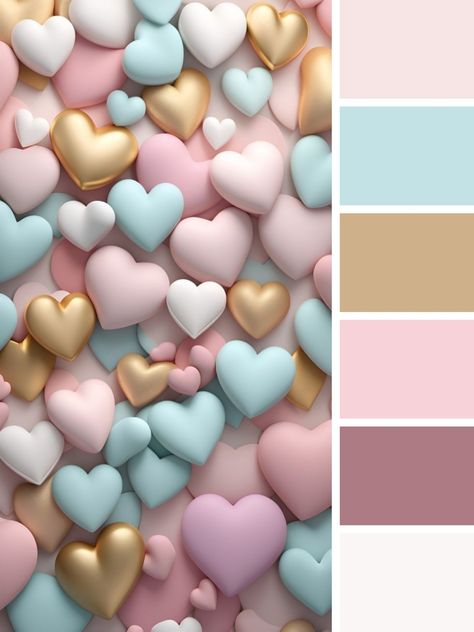 Cute palette colors ,pink color palette, hearts pink ,gold #Romantic_colors #Valentine's_Day #Bright_colors #Harmonious_colors #Color_palette #Hearts #Design #Creativity #pink #cute #funny High Tea Colour Palette, Valentine Color Palette 2024, Hello Kitty Color Palette, Cotton Candy Color Palette, Valentines Day Color Palette, Birthday Color Palette, Coquette Color Palette, Pink Branding Color Palette, February Color Palette