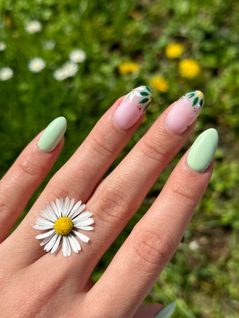 Green gel nails with daisies design #nails #nailsdesign #springnail #flowers #daisy #daisies #greennails Nails With Daisies, Green Gel Nails, April Nails, Flowers Daisy, Design Nails, Green Nails, Almond Nails, Stylish Nails, Spring Nails