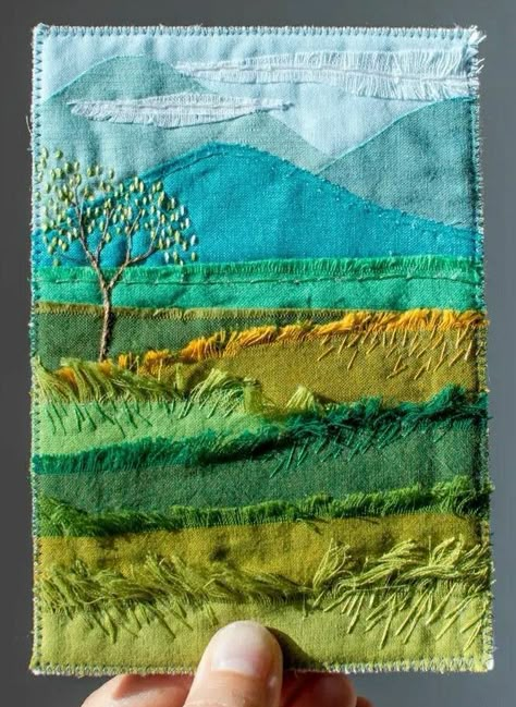 Applique Textile Art, Fabric Collage Landscape Textile Art, Landscape Applique Ideas, Slow Stitching Landscapes, Fabric Collage Quilt, Quilt Wall Hanging Ideas Fabric Art, Landscape Textile Art, Slow Stitch Landscape, Fabric Patchwork Art