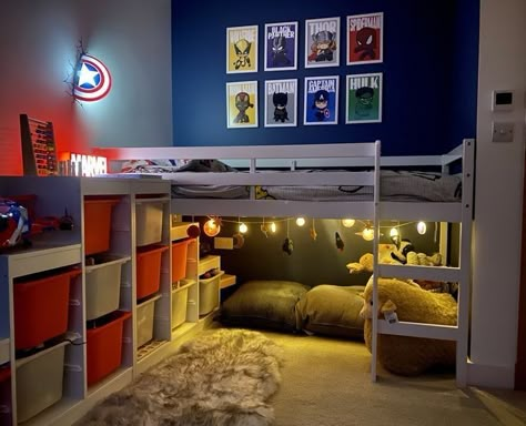 Small Superhero Bedroom, Marvel Bedroom Paint Wall Colors, Big Boy Beds, Marvel Inspired Bedroom, Lego Superhero Room, Marvel Bed Room, Loft Bedroom Boys, Boys Bedroom Aged 4, Modern Marvel Bedroom