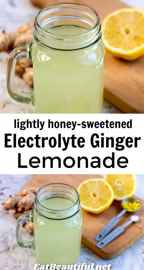 Electrolyte Ginger Lemonade is perfectly satisfying, thirst quenching, rejuvenating and delicious. You've found what just might be the quintessential electrolyte drink recipe. Enjoy when the weather is hot, or with exertion! This recipe is refined sugar-free, sweetened lightly with honey. | summer | drinks Lemon Ginger Elixer, At Home Energy Drink, Coconut Electrolyte Drink, Ginger Lemon Water Recipes, Green Tea Electrolyte Drink, Ginger Recipes Drink, Thirst Quenching Drinks, Jamaican Lemonade Recipe, Healthy Electrolyte Drink