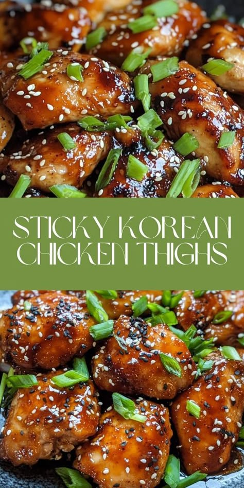 👉 Craving bold flavors? 🍗 Try this Sticky Korean Chicken Thighs recipe – perfectly caramelized with sweet and spicy glaze, a quick and easy dinner idea the whole family will love! 🌟 Packed with soy sauce, garlic, and honey, these chicken thighs are the ultimate blend of sweet and savory. Perfect for weeknights or meal prep! 🥢✨ #KoreanChicken #EasyDinner #StickyChicken #WeeknightMeals #FamilyRecipes Korean Sticky Chicken Recipe, Asian Chicken Leg Recipes, Sweet And Sticky Chicken Drumsticks, Slow Cooker Korean Chicken, Asian Style Chicken Thighs, Chicken Thigh Recipes Bone In, Chicken Japchae, Chicken Thigh Recipes Asian, Asian Chicken Thigh Recipes