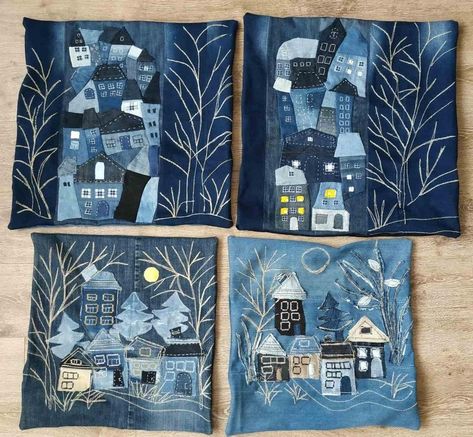 Återvinna Jeans, Tas Denim, Blue Jean Quilts, House Quilt Patterns, Jean Quilt, Denim Crafts Diy, Applique Work, Blue Jeans Crafts, Denim Art