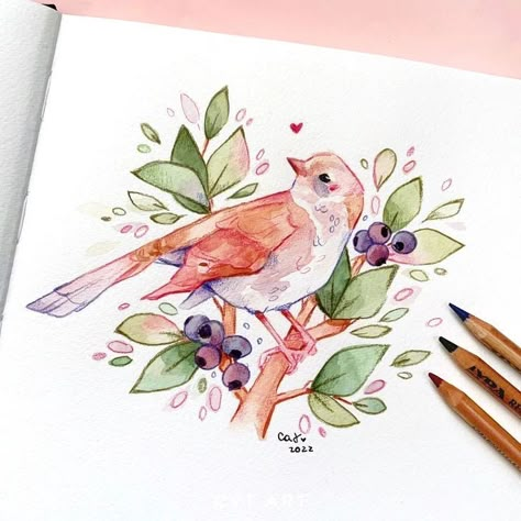 Watering Can Watercolor, Watercolor Art Ideas Sketchbooks, Bird Gouache, Gouache Animals, Cute Bird Drawing, Cute Watercolor Art, Cute Bird Art, Christian Drawings, Art Markers Drawing