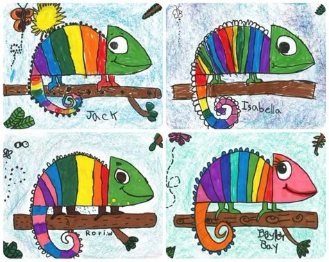 Chameleon Directed Drawing, Simple Art Kindergarten, Color Art Lessons Elementary, 1st Grade Art Projects Spring, First Grade Art Ideas, Elementary Art Lessons 1st Grade, Rainbow Art Ideas, 2nd Grade Art Project, Rainforest Art For Kids