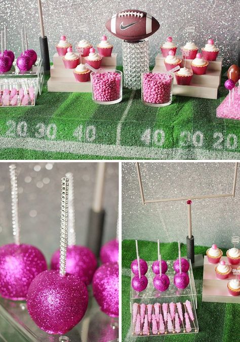 Pink Football Party, Football Party Desserts, Cheer Birthday Party, Cheerleader Birthday, Cheerleading Party, Zombie Birthday Parties, Pink Football, Zombie Birthday, Party Sweets