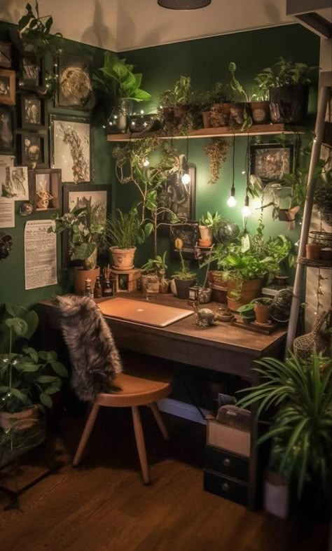 Earthy Art Studio, Dark Room Plants, Earthy Office Space, Green Desk Aesthetic, Room Ideas Aesthetic Dark, Earthy Room Aesthetic, Dorm Room Desk Ideas, Bedroom Ivy, Witchy Office