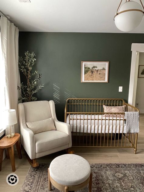 Nursery Ideas Apartment, Nursery Room Configuration, Cozy Green Nursery, Earthy Gender Neutral Nursery, Warm Neutral Nursery, Green Painted Nursery, Pewter Green Nursery, Neutral And Green Nursery, Simplistic Nursery