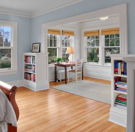 Love the built-ins used to delineate the sitting area of the master bedroom; roman shades; windows; floors Bump Out Addition, Bump Out, Bedroom Addition, House Addition, Room Addition, Addition Ideas, Room Additions, Home Addition, Built In Bookcase