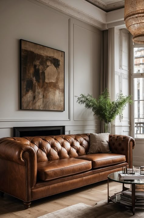 20 Cognac Leather Couch Living Room Ideas: Ultimate Inspiration Guide » Comfy Ideas Feminine Leather Couch, Chesterfield Sofa Living Room Boho, Living Room Designs Chesterfield Sofa, Leather Chesterfield Sofa Styling, Chesterfield Sofa Living Room Farmhouse, Brown Leather Sofa Living Rooms, Traditional Leather Sofa Living Room, Copper Couch Living Room Ideas, Leather Couch Sitting Room