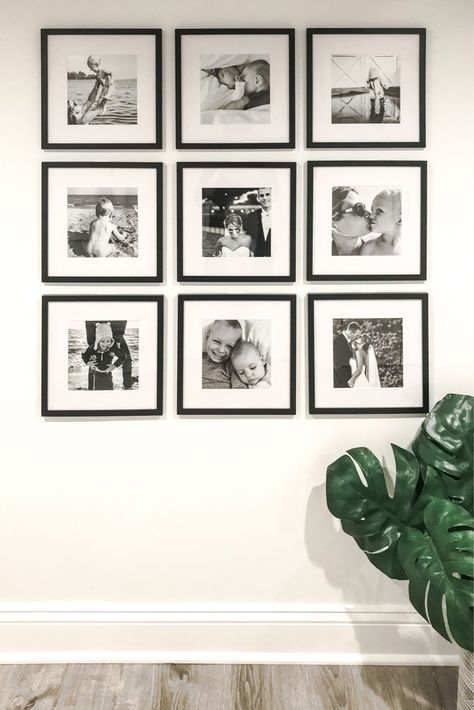 Family Photo Wall Black And White, Family Wall Pictures Ideas Living Room, 12x12 Photo Gallery Wall, Black And White Portrait Wall, Black And White Photo Wall Collage, Family Photos Hallway, Family Photo Wall Collage Living Rooms, Black And White Photo Display, Family Photo Frame Ideas