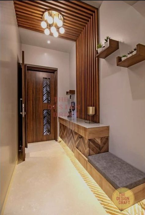 Home Lobby Ideas, Enterence Lobby Designs, Foyer Design For Flat, Living Room Passage Design, Foir Area Interior, Flat Enterance Idea Modern, Shoe Rack In Foyer Area, Flat Foyer Design, Passage Area Wall Design