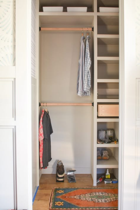 Small Guest Closet Ideas, Small Closet Organization Hallway, Small Closet Build Out, Shelves In Small Closet, Closet System For Small Closet, Single Closet Organization Ideas, Small Closet Ideas Ikea, Front Closet Storage, Organize Small Coat Closet