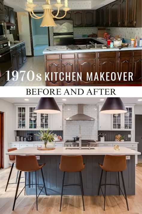 Stunning 1970s Kitchen Makeover | Before and After - Building Bluebird 1980s Home Remodel Before After, Remodel 70s Kitchen, 1970 Kitchen Remodel Before After, Remodeled Kitchens Before And After, Remodel Before And After, Kitchen Renovation Before And After, Kitchen Before And After, 70s Kitchen Makeover, 1970s Home Remodel