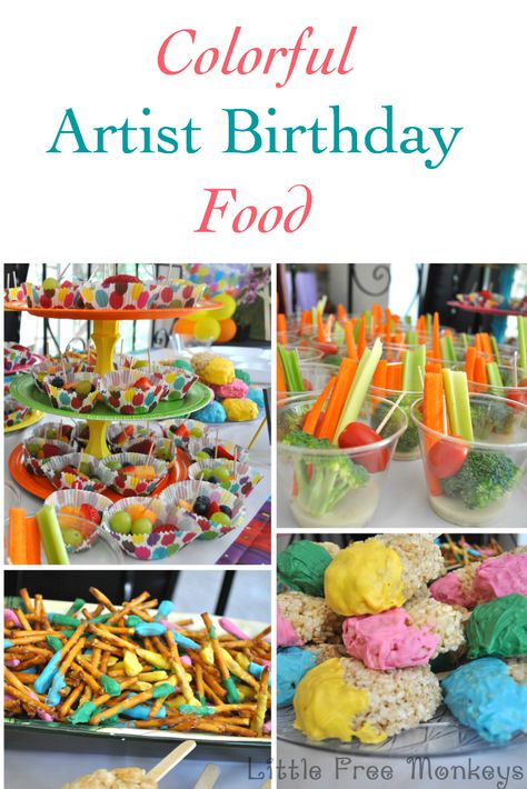 colorful Artist Birthday Party food - Little Free Monkeys Painting Birthday Party Food Ideas, Food For Art Party, Art Party Snack Ideas, Art Birthday Party Snacks, Craft Party Food Ideas, Artist Birthday Party Food, Paint Party Snacks Food Ideas, Art Birthday Party Food Ideas, Painting Party Snacks