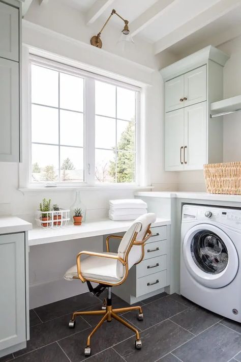 White Floating Desk, Laundry Craft Rooms, Laundry Room Countertop, Grey Laundry Rooms, Slate Floor, White Laundry Rooms, Light Gray Cabinets, Laundry Room Lighting, White Laundry