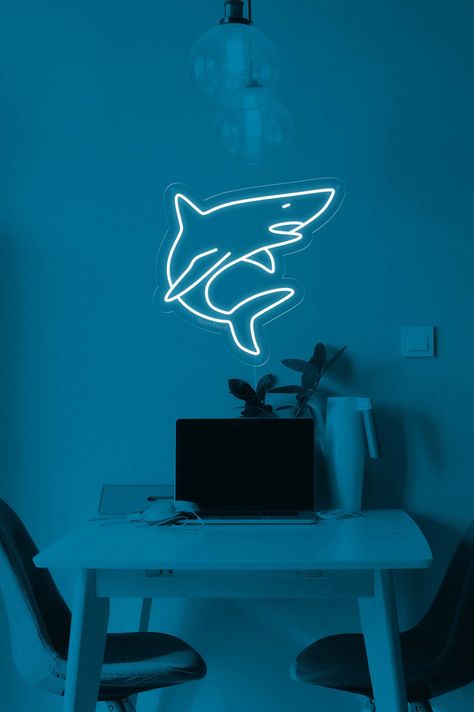 Shark neon sign - LED Neon Sign, Wall Decor, Wall Sign, Sea led neon sign, Fish neon sign, Nature neon sign, Ocean neon, bedroom light If you whant to change some details - contact me , I will reply with mock up and final price very soon:) Our signs are made from LED neon tubes that are easy to use and hard to break. Colors may slightly vary depends on your monitor. We make neon signs individually according to your wishes. You can choose ready-made products, or you can come up with your own idea Shark Gaming Setup, Shark Theme Bedroom, Shark Home Decor, Led Lights Boys Bedroom, Boys Shark Bedroom, Ocean Room Theme, Shark Room Ideas, Shark Room Aesthetic, Shark Bedroom Ideas