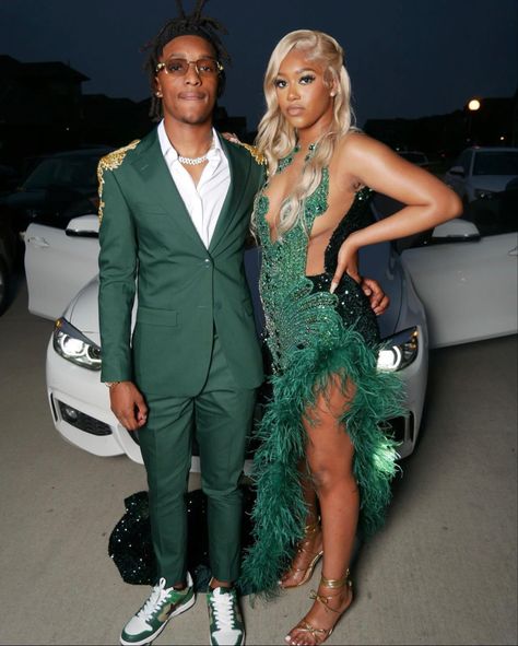 White And Emerald Green Tuxedo, Olive Green Prom Suit, Green Prom Theme Couple, Prom Tuxedo Ideas 2024, Prom Suit Colors, Olive Green Prom Dress Black Couple, Green Prom Black Couple, Green Prom Outfit Men, Emerald Green Tuxedo Prom