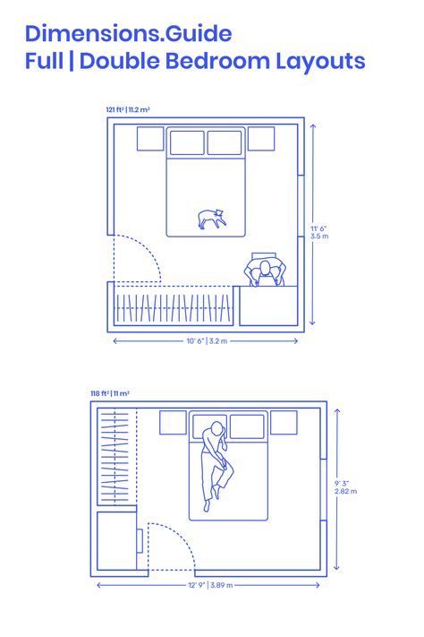 Full Size | Double Bedroom layouts are recommended floor plans for bedrooms based on the dimensions of a Full Size | Double Bed. Bedrooms with Full Size | Double beds should have minimum areas of around 97 ft2 | 9 m2 (bed with clearance) to 118-121 ft2 | 11-11.2 m2 (bed clearance and closets). Downloads online #bedroom #beds #architecture #interiordesign #homedesign 9 M2 Bedroom, Double Bedroom Layout, Bedroom Plan With Dimensions, 11 X 9 Bedroom Layout, 9 X 11 Bedroom Layout, Bedroom 9 M2, 10x15 Bedroom Layout, Main Bedroom Layout, L Shaped Bedroom Layout Design