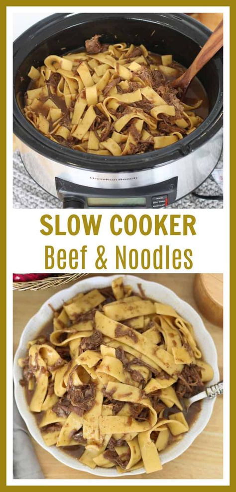 Slow cooker beef and noodles is an easy dump and go recipe. Tender beef is cooked in rich, flavorful, brown gravy and served over egg noodles creating a delicious, hearty, comfort meal. Beef Egg Noodles Crockpot, Crockpot Beef And Noodles Reames, Chuck Roast And Noodles Crock Pot, Frozen Egg Noodles Crockpot, Slow Cooker Beef And Noodles Recipes, Beef Tips And Noodles Crock Pot Slow Cooker Easy Recipes, Frozen Noodles In Crockpot, Shredded Beef And Noodles, Amish Beef And Noodles Crockpot