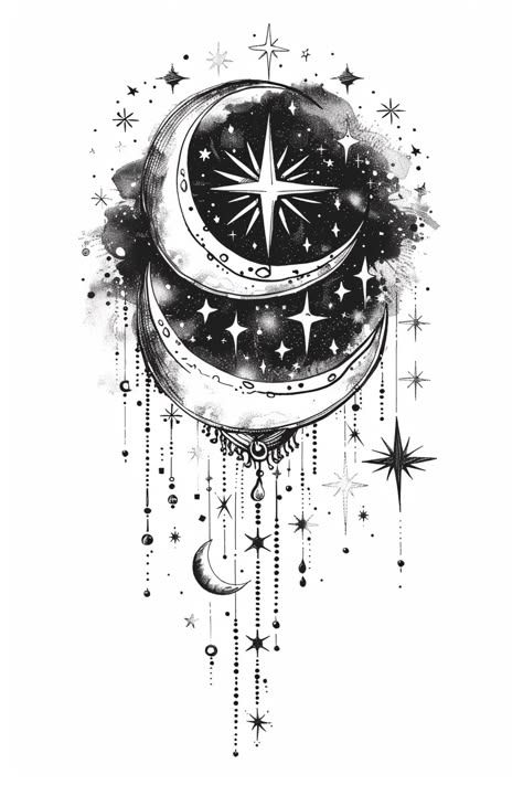 Sky Theme Tattoo, Night Sky Tattoo Designs, Celestial Mandala Tattoo, Cover Up Moon Tattoo, Celestial Neck Tattoo, Moon Stars Tattoo Designs, Moon Sky Tattoo, Night Sky Tattoo Starry, Night Sky Tattoo Sleeve