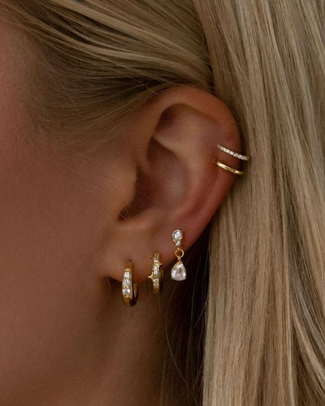 The ultimate party season stack🤩 Treat yourself to jewels that sparkle in our Black Friday sale🫶 Ear Piercings Vision Board, Many Earrings In Ear, Small Ear Ear Piercings, Girly Ear Piercings, Ears Piercing Aesthetic, Classy Ear Stack, Ears Peircings Women, Earring Layering Ideas, Classy Multiple Ear Piercings