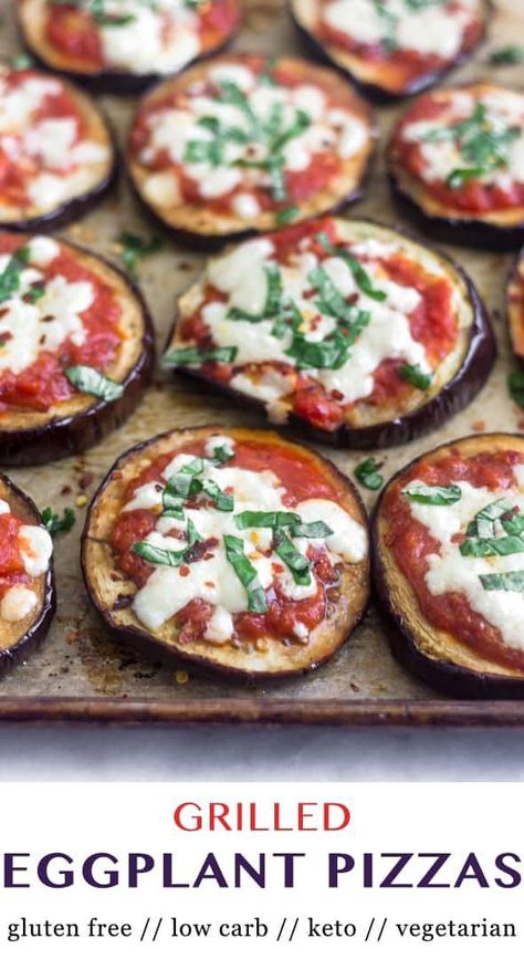 Eggplant topped with pizza sauce and mozzarella cheese, this Grilled Eggplant Pizza makes a perfect easy, light, gluten free and low carb summer meal! - Eat the Gains #lowcarb #keto #pizza #glutenfree #healthypizza #grilledpizza #vegetarian Eggplant Pizza, Eggplant Pizzas, Boiled Egg Diet Plan, Keto Pizza, Grilled Eggplant, Summer Meal, Healthy Pizza, Vegetarian Keto, Low Carb Dinner Recipes