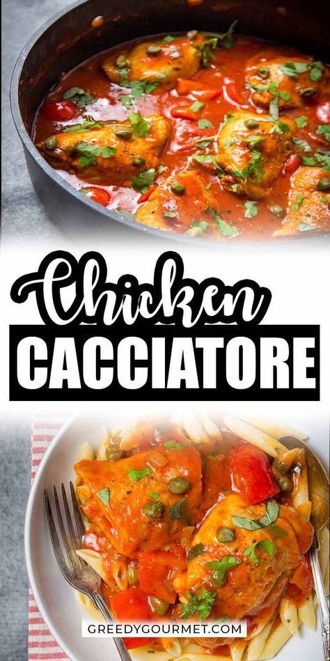 If you love Italian cuisine, you'll love this chicken cacciatore recipe. This easy dinner recipe is made of chicken thighs, red peppers, tomatoes, and capers. Your family will definitely love this delicious meal for dinner. #chicken #cacciatore #chickencacciatore #chickenrecipes #dinnerrecipes #easyrecipes #italianfood #italianrecipes #italiancuisine Chicken In Tomato Sauce, Easy Chicken Cacciatore, Peppers And Mushrooms, Small Town Woman, Cacciatore Recipes, Chicken Cacciatore Recipe, Italian Chicken Recipes, Chicken Cacciatore, Tomato Sauce Recipe