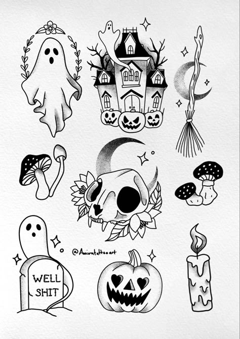 Halloween Tattoo Flash, Cute Halloween Tattoos, Tato Flash, Halloween Flash, Creepy Creatures, Pumpkin Tattoo, Flash Designs, Minimalist Halloween, Theme Tattoo