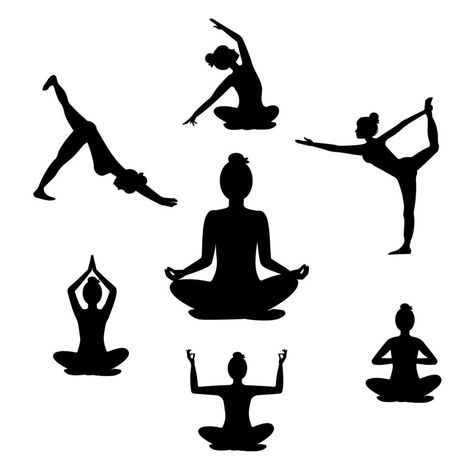 Beautiful woman doing yoga exercises, black silhouette on white background. Set of seven yoga poses for easy yoga at home. Set for sport at home Sport At Home, Posture Drawing, Yoga Silhouette, Yoga Background, Yoga Vector, Yoga Poses Pictures, Yoga Drawing, Woman Doing Yoga, Yoga Poses Photography