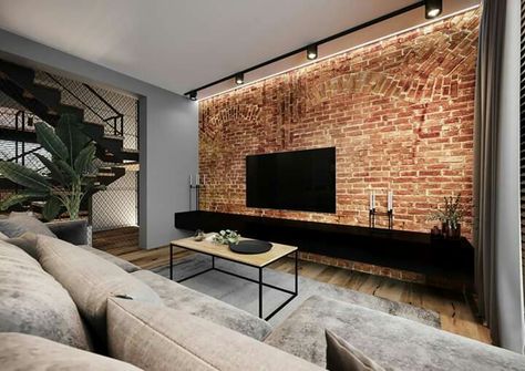 Tv Wall Brick, Brickwall Interiors, Brick Tv Wall, Brick Wall Tv, Brick Wall Living Room Ideas, Brick Wall Interior Living Room, Painting Ideas Bedroom, Bedroom Painting Ideas, Furniture Ideas Bedroom