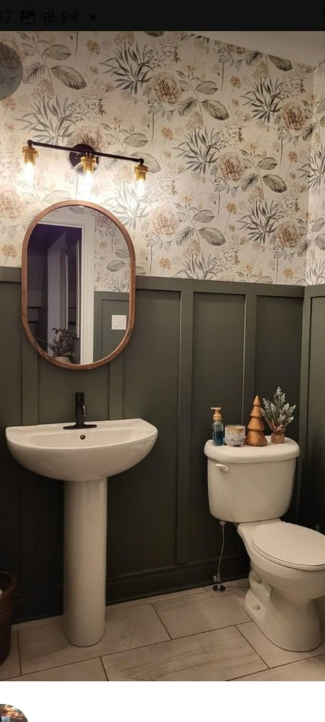 Bathroom Design Transitional, Earthy Powder Room Ideas, Powder Bathroom Board And Batten, Bathroom Inspiration Wallpaper, Dark Academia Half Bathroom, Half Bathroom Moody, Dark Wainscoting Ideas Bathroom, Pocket Bathroom Ideas, Downstairs Half Bathroom Ideas