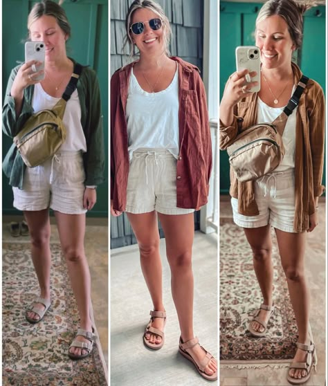 Teva Sandal Outfits, Teva Outfits Summer, Teva Outfit Casual, Tan Teva Sandals Outfit, Spring Birkenstock Outfit, Brown Teva Sandals Outfit, Teva Outfits Women, Khaki Linen Shorts Outfit, Styling Teva Sandals