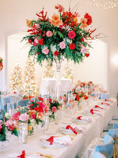 Elizabeth & Kendall's Wedding | Merrimon-Wynne — A Southern Soiree Winter Wedding Bright Colors, Vibrant Winter Wedding, Colorful December Wedding, Colorful Christmas Wedding, Bright Winter Wedding, Pink Christmas Wedding, Colorful Winter Wedding, December Wedding Colors, Elevated Centerpiece