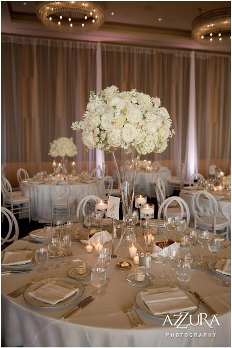 Four Seasons Wedding, White Flower Arrangements, Classic Elegant Wedding, Tall Wedding Centerpieces, White Centerpiece, Dream Wedding Decorations, Elegant Wedding Reception, Wedding Floral Centerpieces, Tall Centerpieces