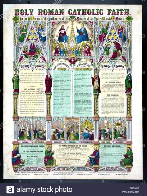 Print showing biblical scenes related to the Roman Catholic faith; includes text of prayers; such as The Lord's Prayer; The Apostles' Creed; The Confiteor; as well as The Ten Commandments of God; Virtues; Mysteries of the Rosary; and the Eight Beatitudes; also portraits of saints and of Pope Pius IX. Stock Photo Advent Catholic, Apostles Creed, Infographic Poster, Catholic Family, The Lords Prayer, Roman Catholic Church, Catholic Art, Roman Catholic, Catholic Faith