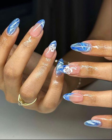 blue nails, marble nails, flower nails, hibiscus nails, gelx, acrylics, almond nails, summer nails, beach aesthetic, beach nails, Hawaiian Nails, Grad Nails, Hawaii Nails, Beach Nail Designs, Beachy Nails, Wow Nails, Summery Nails, Cute Summer Nails, Vacation Nails