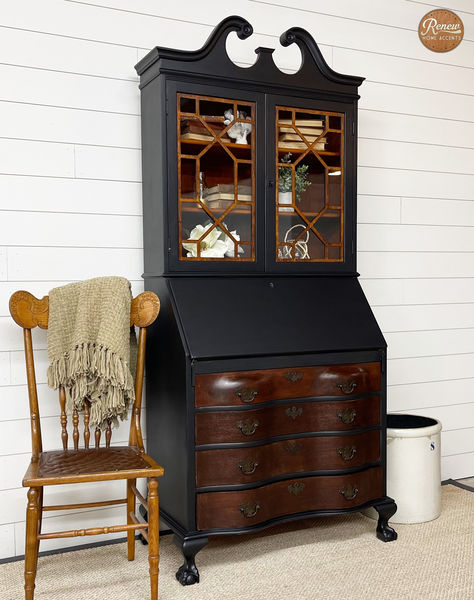 This ONE-OF-A-KIND Vintage Chippendale Style Mahogany Secretary/Bookcase is now available from Renew Home Accents. This vintage piece is made from solid Mahogany and has been completely refinished. We hand painted the piece in a timeless black and refinished the wood drawer faces and window trim for a stunning two-tone design. It features original hardware, beautifully carved legs and trim, and an abundance of storage. Chalk Painted Secretary Desk, Antique Secretary Desk Makeover Ideas, Diy Secretary Desk Makeover, Refinished Secretary Desk, Vintage Desk Makeover, Connersville Indiana, Painted Secretary Desks, Secretary Desk Makeover, Painted Secretary